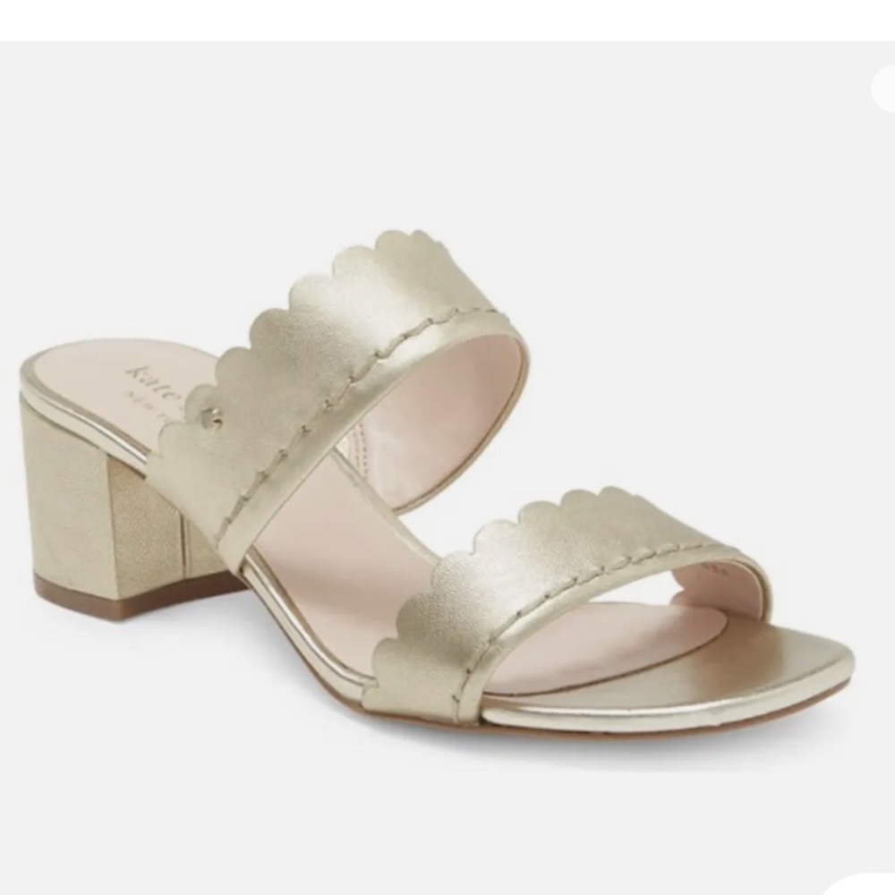 kate spade Metallic Gold Scalloped Block Heel Sandals